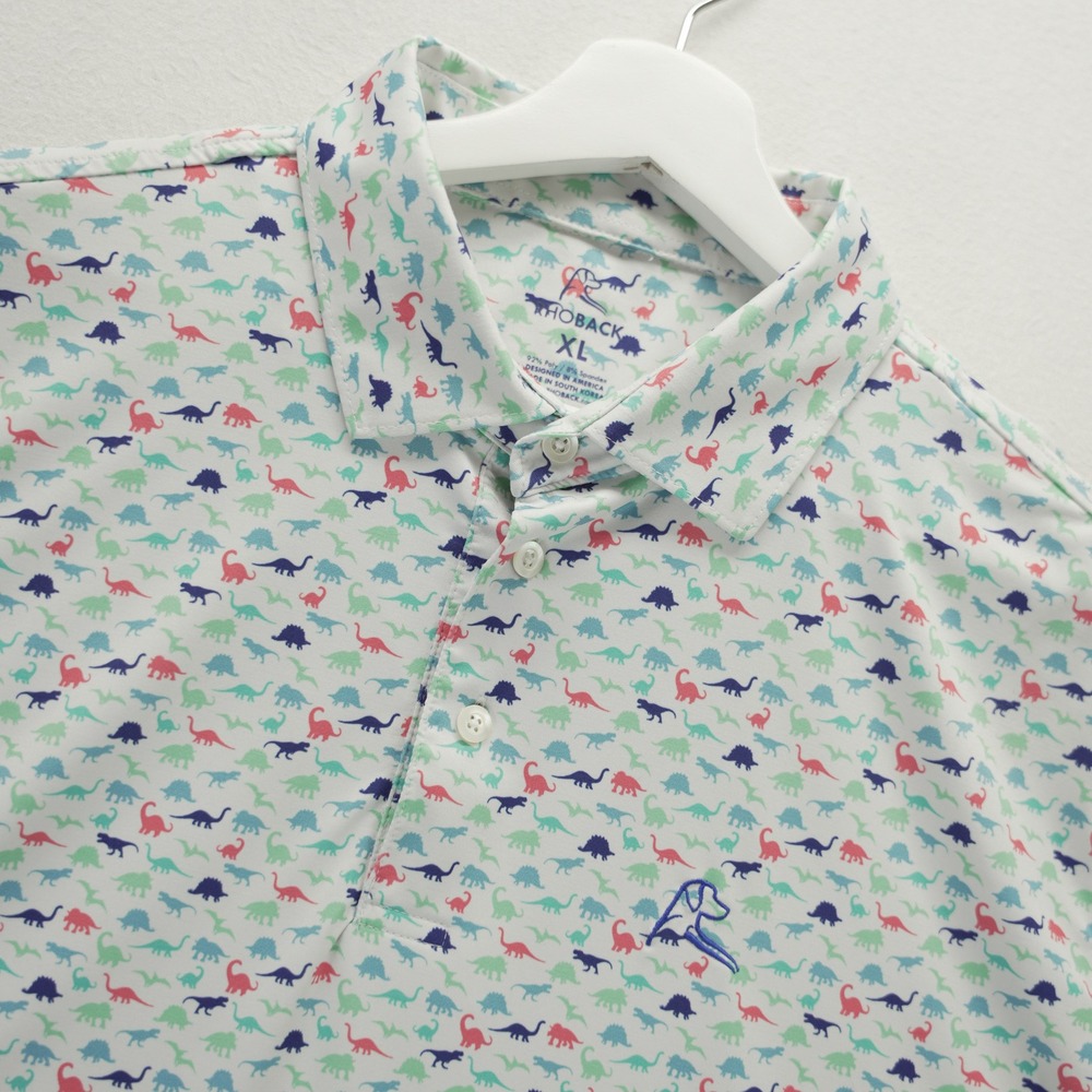 Rhoback Mens XL Dinosaur Print Performance Golf Polo Shirt White Multi Color
